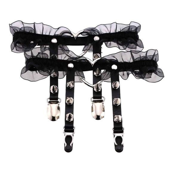 Black Leather Lace Thigh Harness Silver Heart Spiked Legwear Garter Belts - NEW - Picture 3 of 4